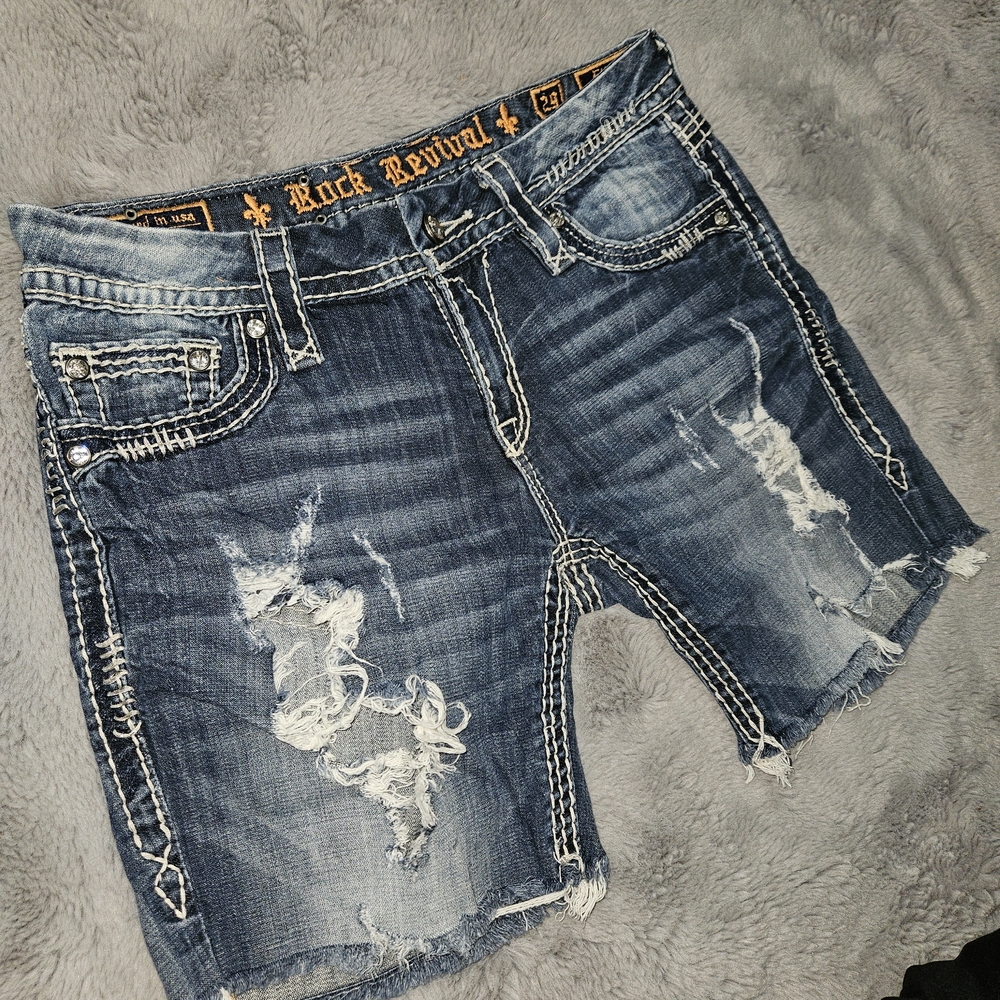 Rock Revival Blue Distressed Denim Shorts Cutoffs Bling Pockets Size 29 - Picture 3 of 13